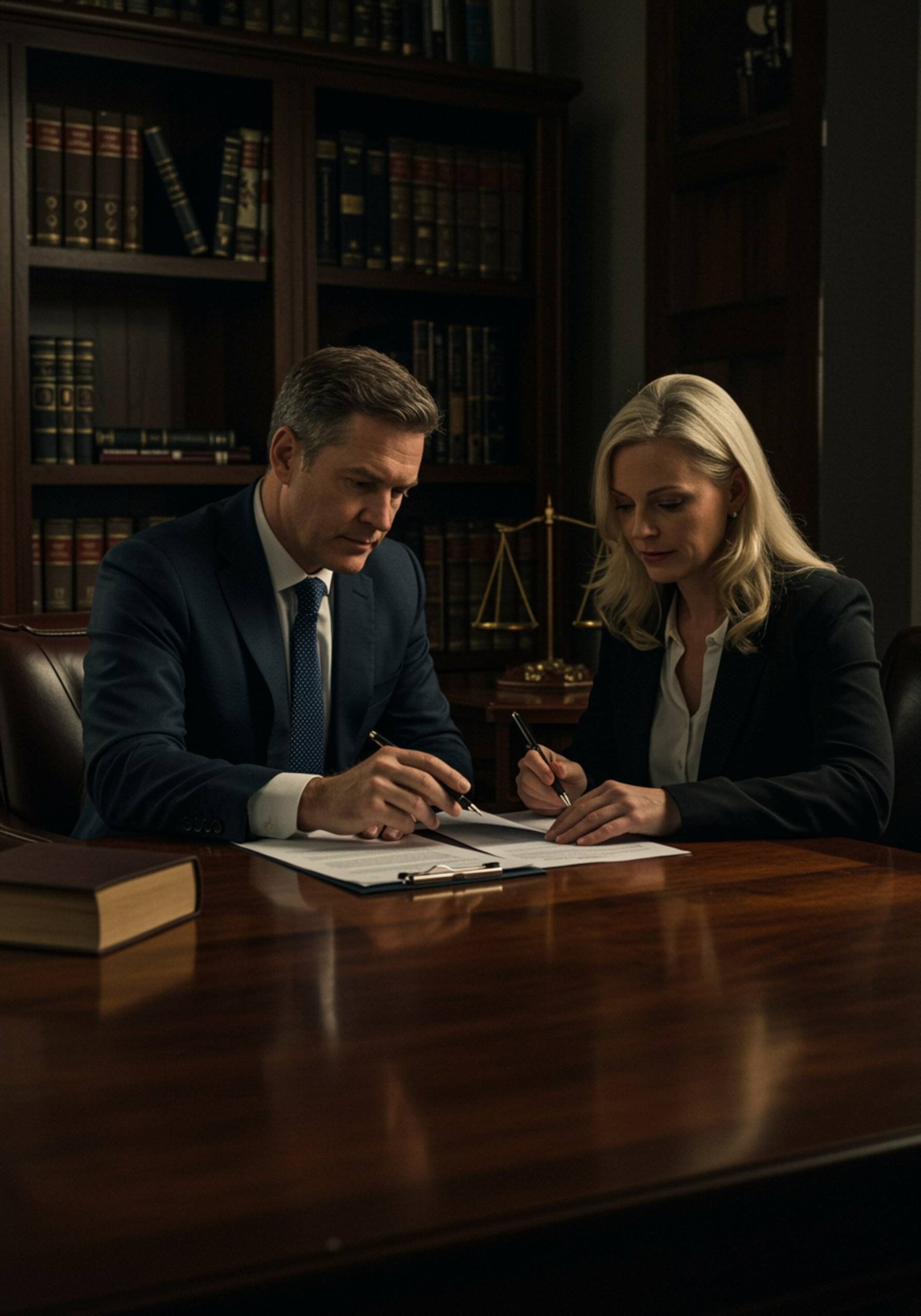 im seccion 3 2 "Abogado de raza blanca en traje oscuro revisando documentos legales con clienta en oficina elegante, simbolizando profesionalismo y confianza en el asesoramiento legal."