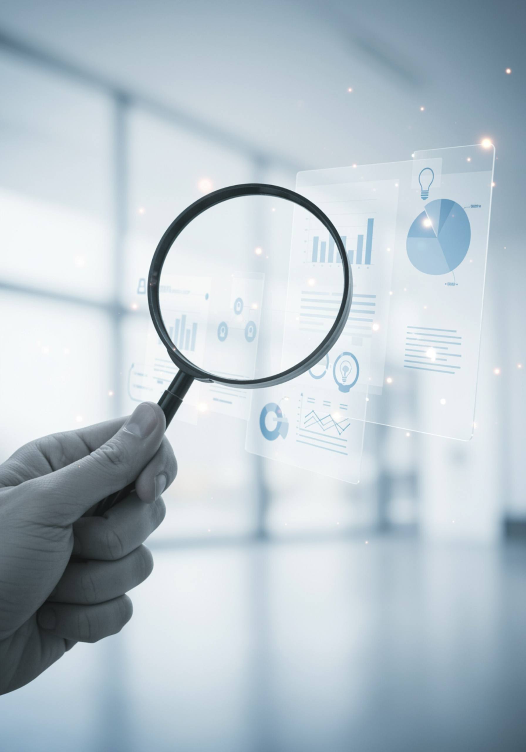 im seccion 3 3 "Imagen abstracta y fotorrealista que representa la transparencia y la comunicación clara, con una mano sosteniendo una lupa sobre documentos de vidrio translúcido y gráficos de gestión comunitaria."