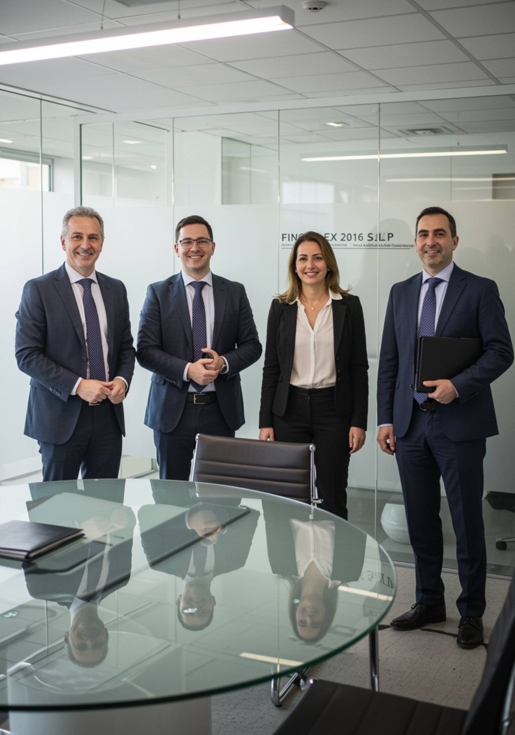 img seccion 4 "Retrato del equipo de FINCALEX 2016 S.L.P. en una oficina moderna, destacando la profesionalidad y unidad de administradores y abogados en un ambiente iluminado y minimalista."