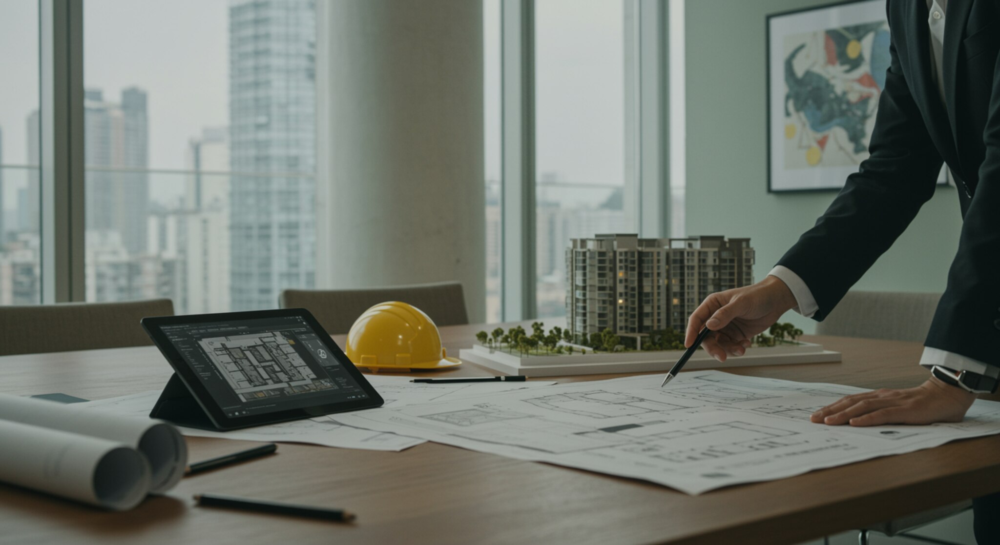 img seccion 1 "Interior elegante de oficina con mesa de conferencias de madera, planos arquitectónicos, modelo a escala de condominio y un administrador de propiedades analizando diseños en un ambiente minimalista y profesional."